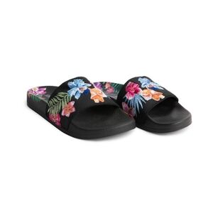 Johnny Was Aruba Pool Slide Black Floral Embroidered Sandals NWOT